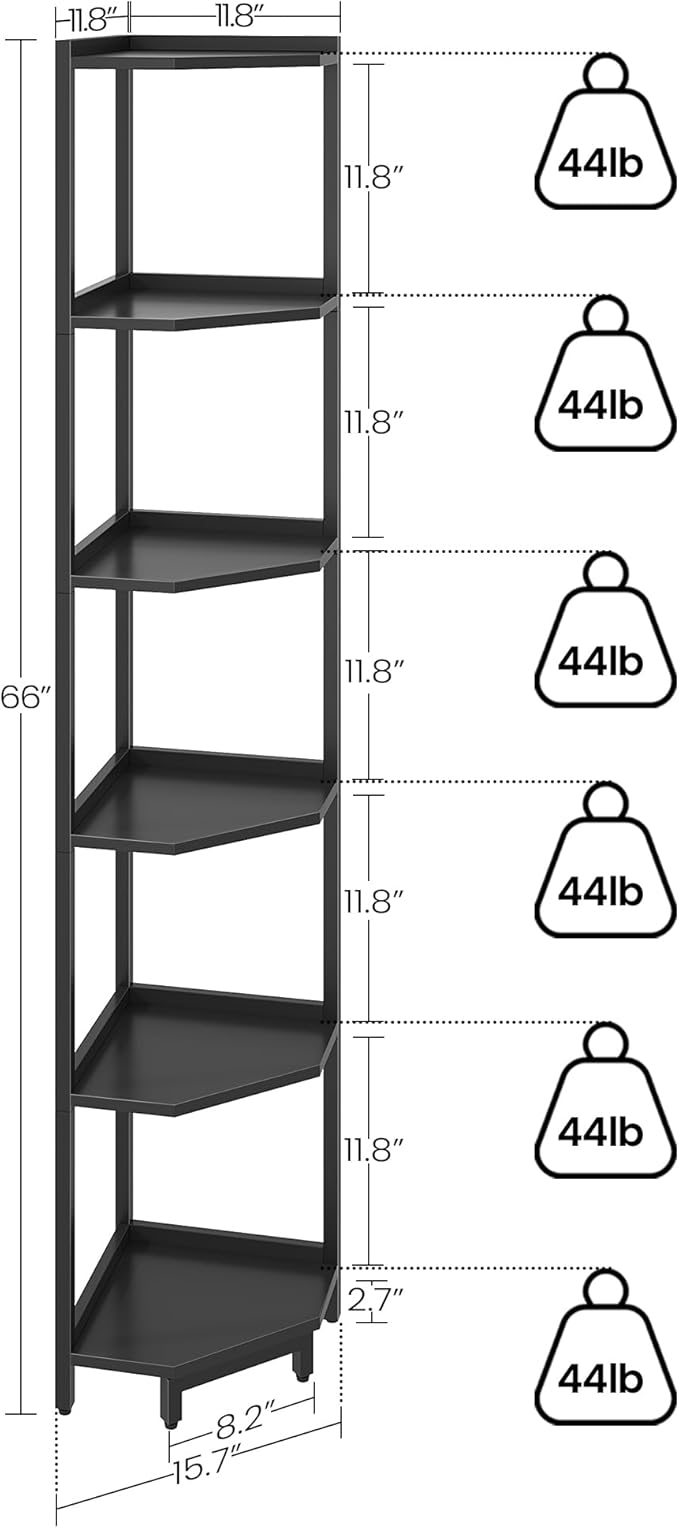 Hzuaneri Corner Shelf Stand 6-Tier Corner Bookshelf Storage Standing Shelf | Bookcase Plant Stand with Metal Frame for Living Room, Home Office, Bedroom, Black CS06006B