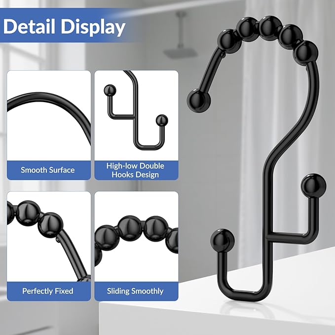 Shower Curtain Hooks, Metal Shower Curtain Rings Hooks, Black Shower Curtain Hooks Rust Proof, Smooth Gliding Shower Rings for Curtain, Shower Hooks for Shower Curtain Rod, Black-12 Pcs