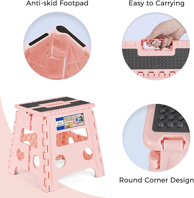 ACKO 13" Folding Step Stool, Non-Slip Surface for Adults & Kids, Dot Pink | Collapsible Heavy Duty Foldable Stools, Portable Foot Stepping Stool Holds 300 lbs, Kitchen Bathroom Outdoor, Built-in Handle