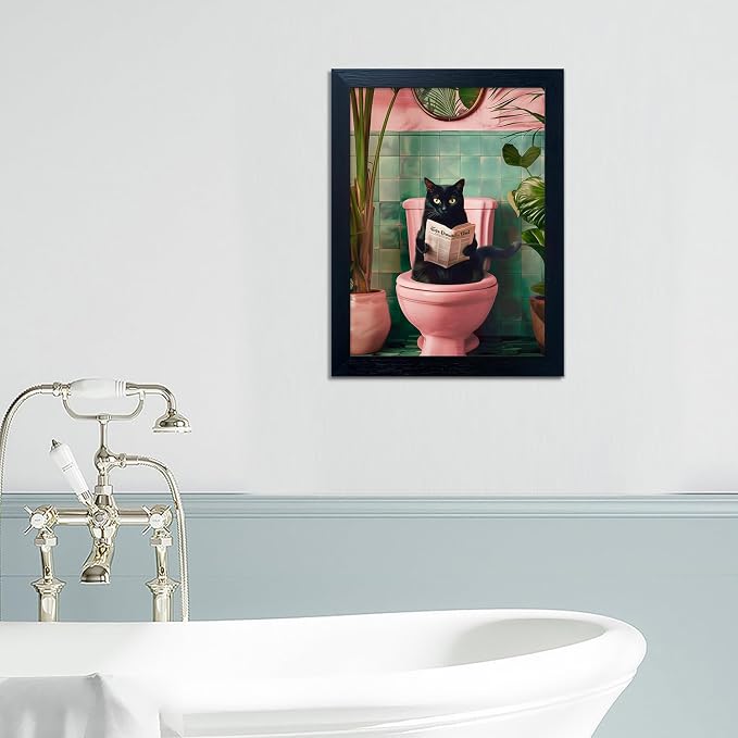 Black Cat Bathroom Wall Art Pink Toilet Decor Funny Canvas Print Artwork for Woman Girls Bathroom