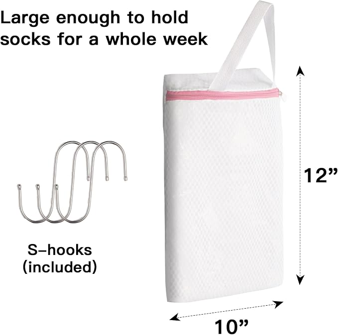 3-Pack Hanging Mesh Laundry Bags with S Hooks, 12x10 Inch | Durable mesh, rustproof S hooks. 3 colors. For socks, delicates, toys, balls. Machine wash. Travel, dorms, sports.