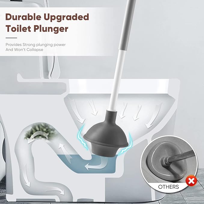 Eyliden Toilet Plunger and Brush Set, 2-in-1 Compact Holder, White | Unclogs Toilets, Deep Cleans Bowls, Nylon Bristles, Rubber Cup, Durable Plastic Caddy, Space-Saver, Bathroom Cleaning Tools
