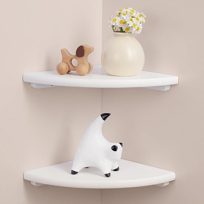 Gieanoo Floating Corner Shelves Set 2 9inch White Solid Oak Rounded Corner Shelves Wall Mounted with Cable Hole Wood Corner Hanging Shelves for Living Room Bedroom Bathroom Kitchen