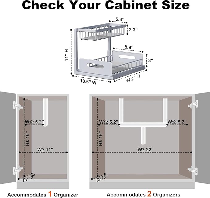 Under Sink Organizer, Pull Out Cabinet Organizer 2 Tier | Slide Out Sink Shelf Cabinet Storage Shelves, Under Sink Storage for Kitchen Bathroom Cabinet, Grey, 1 Pack
