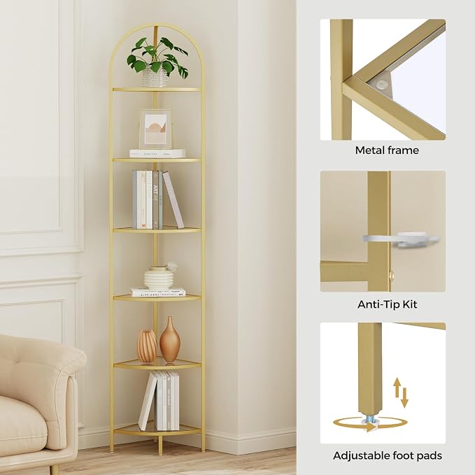 Homhedy 6-Tier Gold Corner Shelf Stand, Metal Corner Bookshelf | Display Shelf, Tempered Glass Shelves, Plant Stand, Storage Rack Shelf for Bedroom, Living Room, Home, Office, Gold