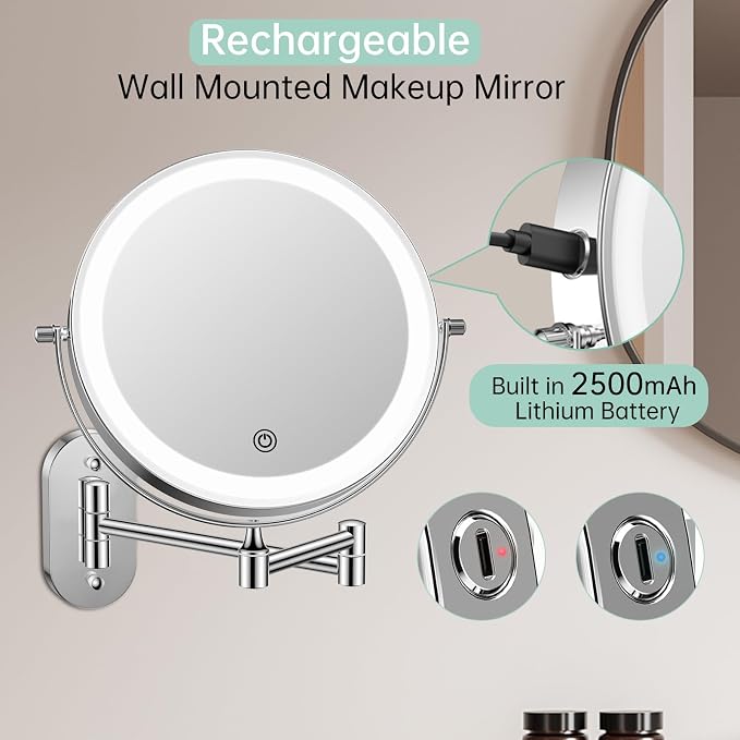 FUNTOUCH 2500mAh Rechargeable Wall Mounted Lighted Makeup Mirror 1X/20X | 8 Inch Double Sided 1X 20X Magnifying Bathroom Mirror, 3 Color Lighting, Touch Dimming, Extended Arm 360° Light up Mirror