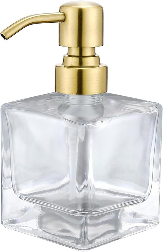 Square Bathroom Soap Dispenser Brushed Gold, Glass Bottles with Stainless Steel Pump 8.4 OZ Cube Liquid Soap Dispenser Hand Kitchen