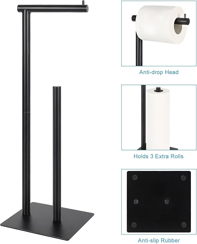 Toilet Paper Holder Stand Toilet Paper Roll Holder Stand Freestanding Black Toilet Paper Holder for Bathroom Toilet Tissue Storage Holder Metal