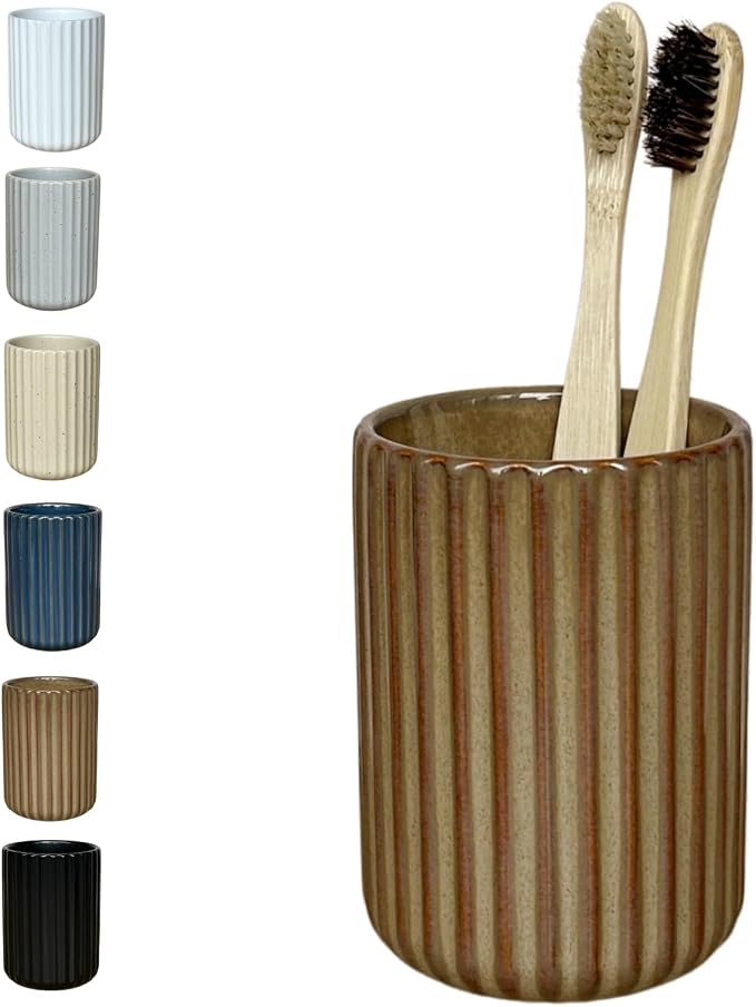 Stoneware Toothbrush Holder for Bathroom Tooth Brush Holder for Bathroom Toothbrush Cup Toothbrush Holders Cute Fluted Vertical Ribbed Stripe (Rustic Brown)