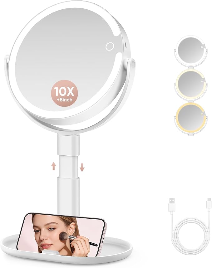 Rechargeable Lighted Makeup Mirror,10X Magnification, 8 Inch | 3 Adjustable Light Colors, Rechargeable Cordless Design, Adjustable Height, Storage Base with Phone Holder,Touch Control
