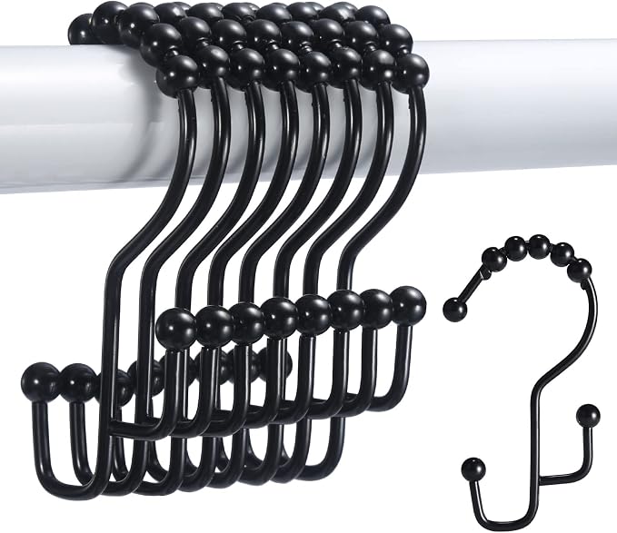 SUTINE Shower Curtain Hooks, 12 Pcs Double Shower Curtain Hooks Rings, Black Shower Curtain Hooks Rust Proof, Stainless Steel Bathroom Shower Hooks for Shower Curtain, Towels, Clothing, Black