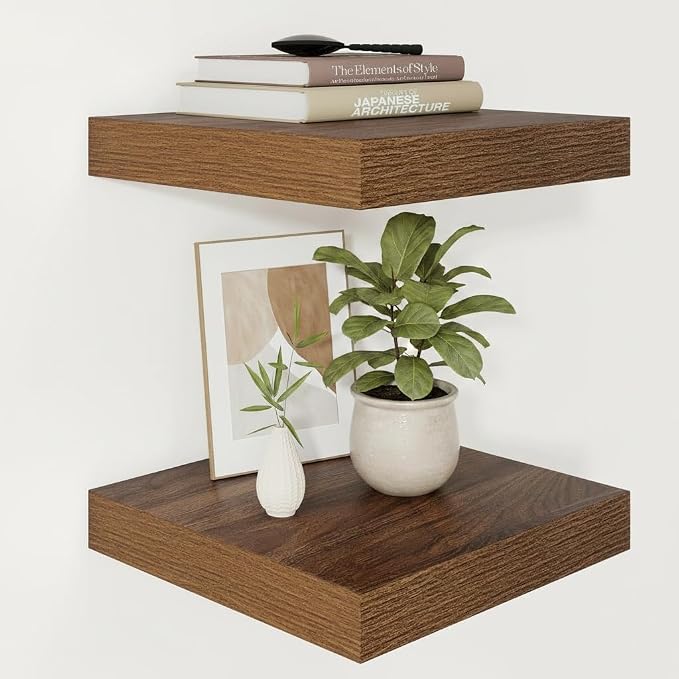 Vivelove Square Floating Shelves 12x12” Set of 2, Walnut | Easy Install with Hardware, Invisible Brackets, No Sagging, Living Room Display Shelf, 2" Thick，Engineered Wood