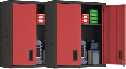 30 Inch Metal Wall Cabinet, Metal Wall Cabinet for Garage, 2pcs,Red | Wall Mount Cabinet with Lock and Adjustable Shelf, Lockable Storage Cabinet for Home Office,Garage,Gym,School