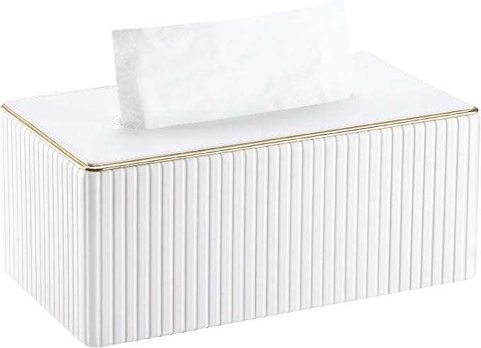 Rectangular Tissue Box Cover, PU Leather Tissue Box Holder with Magnetic Bottom, Napkin & Facial Tissue Holder Dispenser Decorative Box Cover for 120-count (3-Ply) 160-count (2-Ply) White