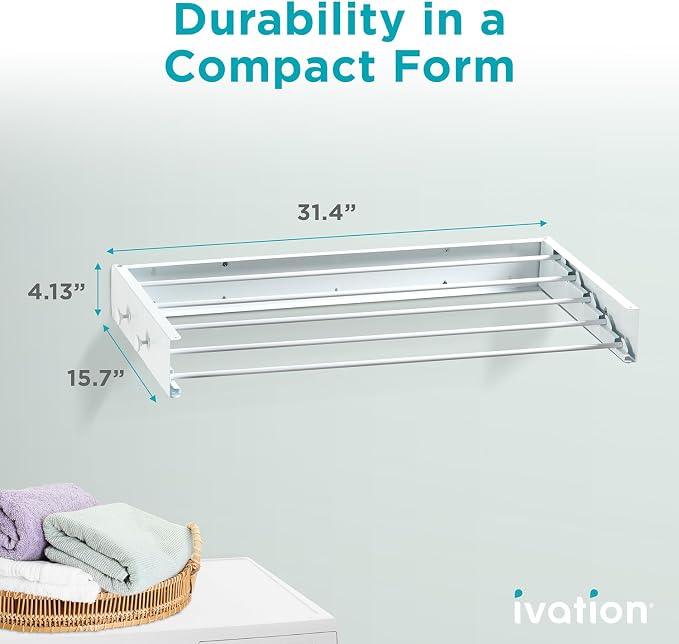 Ivation Retractable Wall Mounted Clothes Drying Rack, 32" Foldable Laundry Drying Rack for Clothing | Collapsible Space-Saving Design & 5 Rods | Easy Installation with Hardware & Wall Template (White)