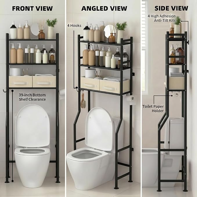 GloTika 3-Tier Over Toilet Storage, Anti-Tilt, 64" H, Black, 2 Baskets | Anti-Tilt Safety System, 150lb Capacity, Carbon Steel, Freestanding, No Drilling, Anti-Rust Coating, Paper Holder & 4 Hooks