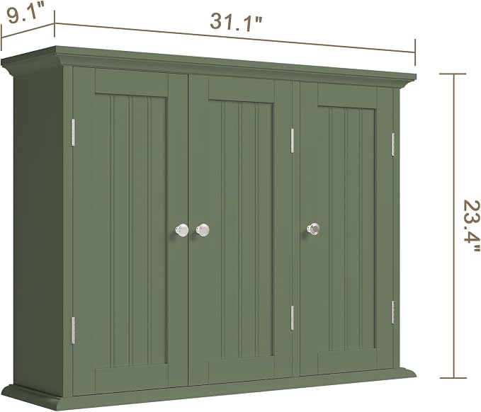 ChooChoo Laundry Cabinet with 3 Doors and Adjustable Shelves | 9.06"D x 31.1"W x 24"H, Bathroom Wall Cabinet, Cupboard, Green