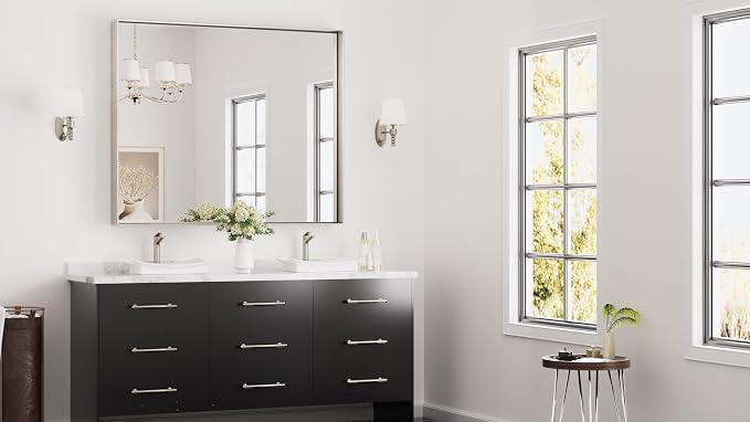 Keonjinn 48x40 Inch Nickel Bathroom Mirror for Over Sink, HD Tempered Glass | Rectangular, Vanity Mirror, Brushed Framed, Square Corner, Modern Farmhouse, Wall Mounted Mirrors, Aluminum Alloy