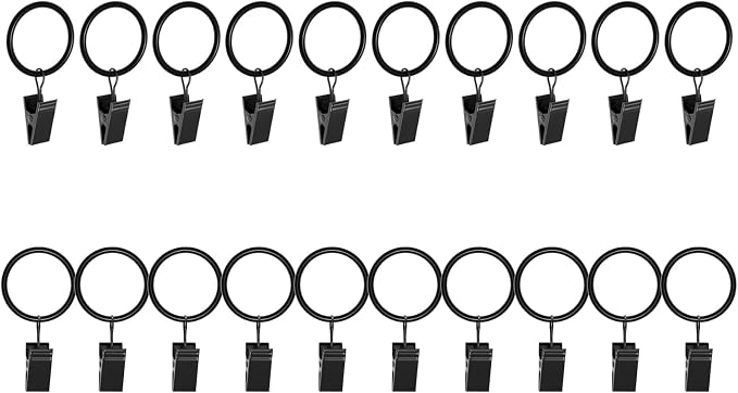 Lansian 20 Pack Curtain Rings with Clips Hooks 1 in Diameter Rustproof | Matte Metal Stainless Steel Drapery Rings for Tension Rod Bracket Eyelets Decorative Hanger, Fits 3/4 in Rods, Black