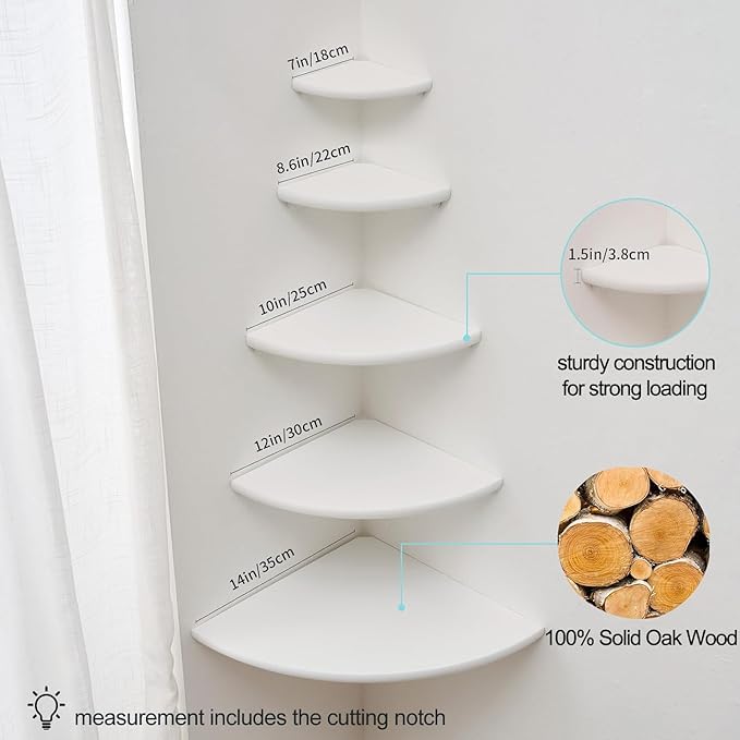 Corner Shelf, White Solid Oak Wood Floating Corner Shelves Wall Mount Round End Floating Speaker Rack Display Shelf for Small Plant Photo Frame (White, 13.8in)