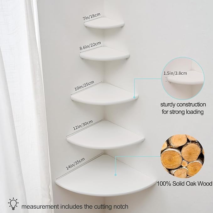 Corner Shelf, White Solid Oak Wood Floating Corner Shelf Wall Mount Round End Floating Speaker Shelf Display Shelf for Small Plant Photo Frame (White, 16in)