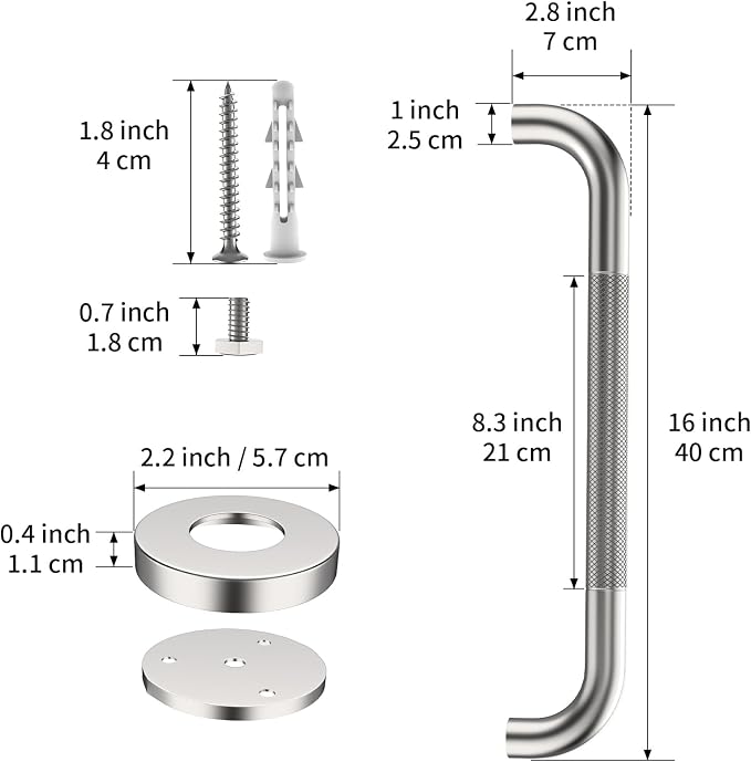 ZUEXT 16 Inch Brushed Nickel Anti Slip Shower Grab Bar with Knurled Grip | Bathroom Balance Support Rail, Assist Handle for Handicap Elderly Seniors, Wall Mounted Stainless Steel Bath Safety Handrail