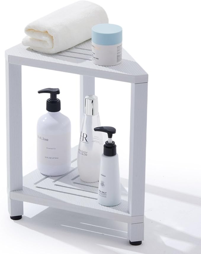 Corner Shower Stool with Storage Shelf, HDPS Waterproof Shower Foot Rest for Shaving Legs, 2-Tier Triangle Bathroom Stool for Inside Shower, Non-Slip Small Shower Bench, White