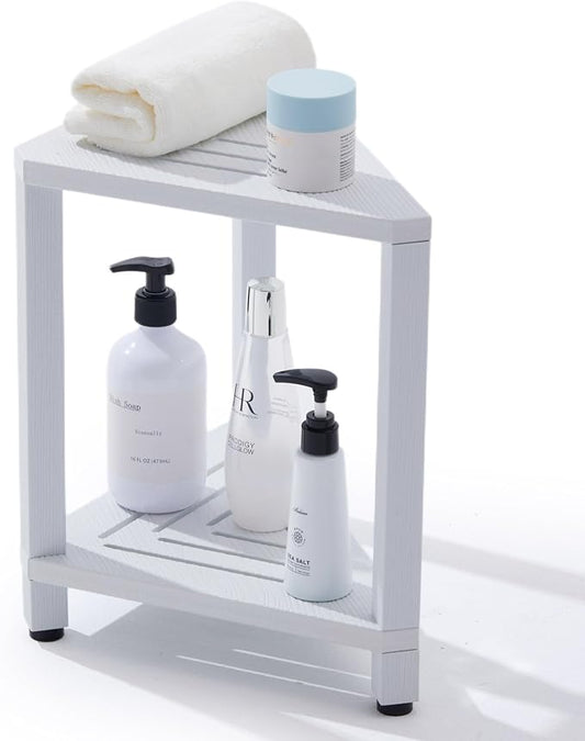 Corner Shower Stool with Storage Shelf, HDPS Waterproof Shower Foot Rest for Shaving Legs, 2-Tier Triangle Bathroom Stool for Inside Shower, Non-Slip Small Shower Bench, White