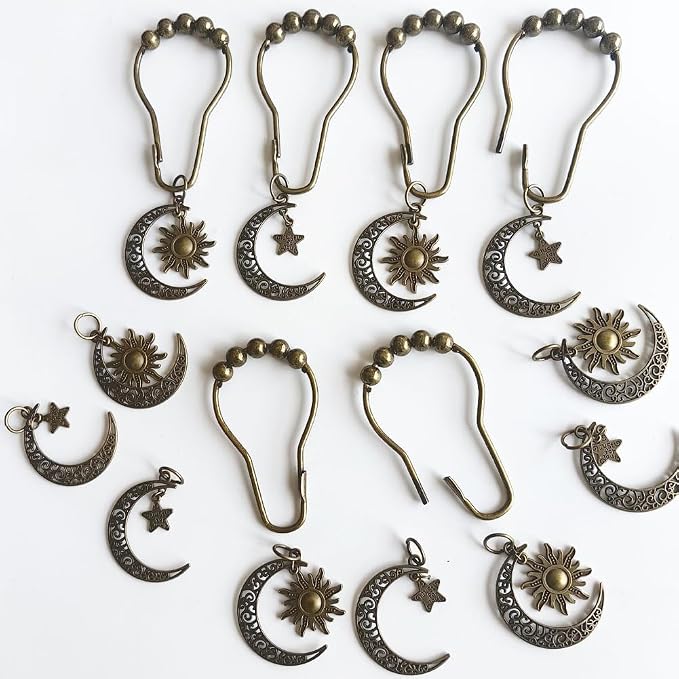 Decorative Moon Shower Curtain Hooks Set of 12 for Bathroom Shower Rods | Rustproof Curtain Rings with Vintage Moon Suns Stars Celestial Bodies Gothic Mystic Boho Theme Bathroom Decor, Bronze
