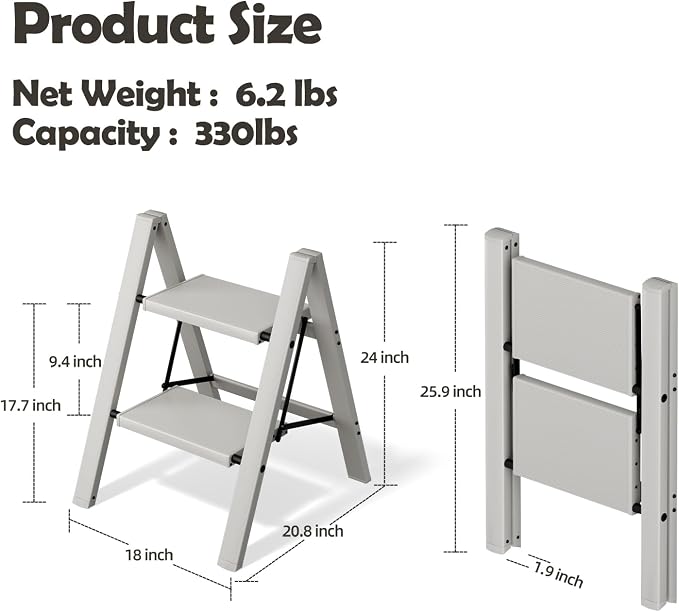 Taranta 2 Step Stool Foldable,Aluminum Step Ladder-Misty Gray | Lightweight,Wide Anti-Slip Pedals,Folding Step Stool,330lbs Capacity for Household,Kitchen,Office