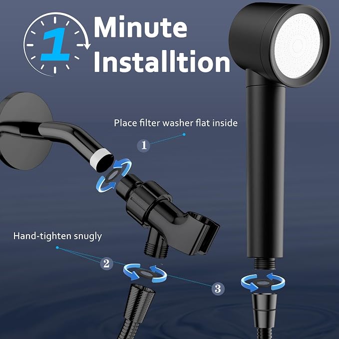 Filtered Shower Head with Handheld, High Pressure Water Flow and Multiple Spray Modes Shower Head with Filter, Power Wash for Hard Water, Showerhead with ON/OFF Switch for Pets Bath (Glossy Black) | 3 Spray,Silicone Massage Brush,Detachable Showerhead,...
