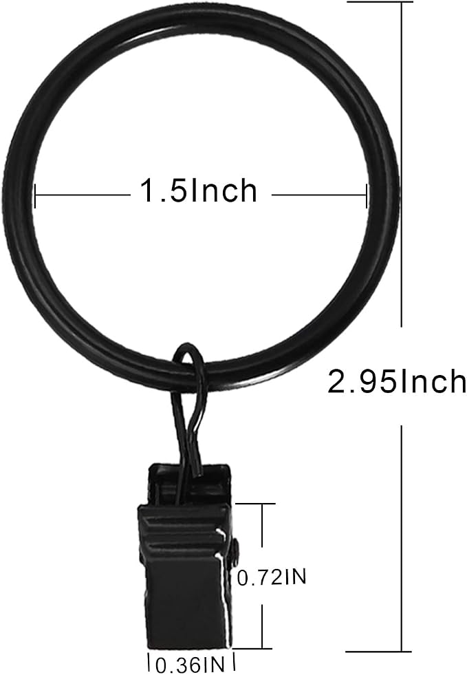LLPJS 60 Pack Metal Curtain Rings with Clips, Curtain Clip Rings Hooks for Hanging Drapery Drapes Bows, Curtain Rod Rings 1.5 inch Interior Diameter, Black