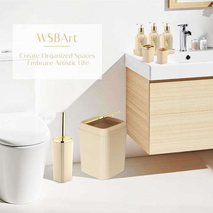 17PCS Bathroom Accessories Set, Beige Bathroom Set Bathroom Accessories Set with Trash Can, Toilet Brush, Toothbrush Holder, Qtip Holder & 3PCS Soap Dispenser