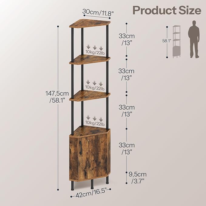 HOOBRO Corner Cabinet with LED Light, Corner Shelf Stand with Storage and Doors, 5-Tier Industrial Corner Bookshelf, 59” Tall Display Rack Shelf, for Living Room, Kitchen, Rustic Brown BF147DCJ01