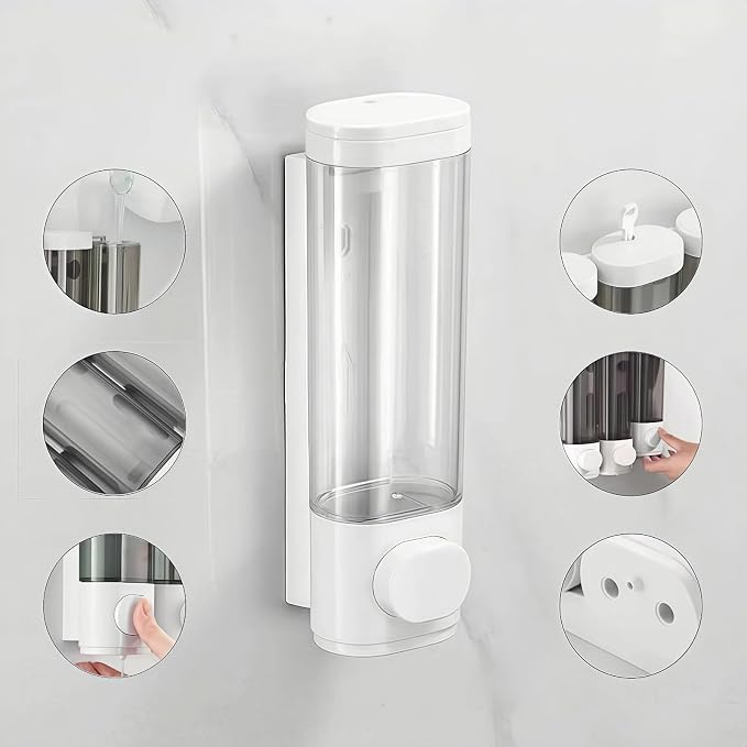 10oz/300ml Single Manual Wall Mounted Soap Dispenser, White | Bathroom Shampoo and Conditioner Dispenser, Clear Plastic Refillable Liquid Lotion Pump Dispenser and Organizer