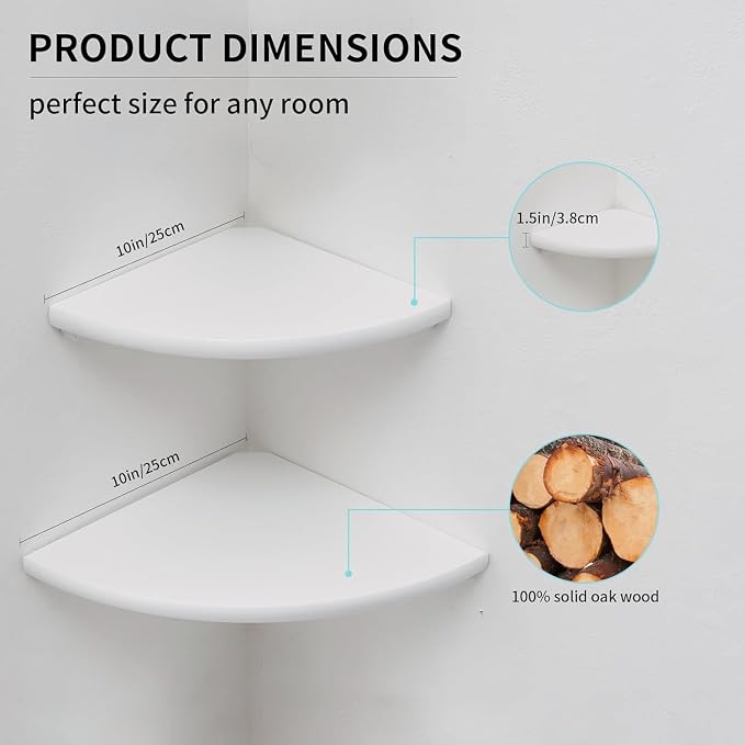 Corner Shelves, Floating Corner Shelf, Set of 2 Solid Oak Wood Wall Shelves, Round End Wall Mount with Wire Hole Shelving for Small Plant for Bedroom Kitchen, Living Room White