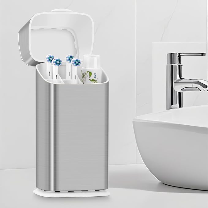 GFWARE Electric Toothbrush Holder with Cover, Ventilated & Drainage, Silver | Detachable 5 Slots Bathroom Organizer for Toothbrush & Toothpaste, Waterproof & Dustproof, Electric Toothbrushes Under 10 In