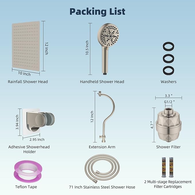 Hibbent All Metal 12'' Filtered Rainfall Shower Head Combo, High Pressure Handheld Shower Head with 12'' Adjustable Curved Extension Arm, 20 Stage Shower Filter, 10-spray, 71'' Hose, Brushed Nickel