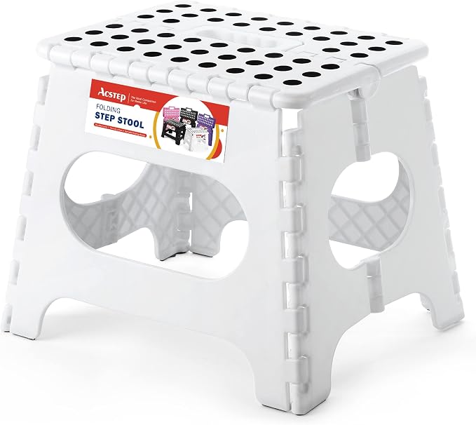 11 Inch Folding Step Stool for Kids, Non-Slip Foldable Stools, White | Heavy Duty Collapsible Foot Stool, Lightweight with Built-in Handle, Holds 300 lb for Adults Kitchen Bathroom Bedroom Outdoor