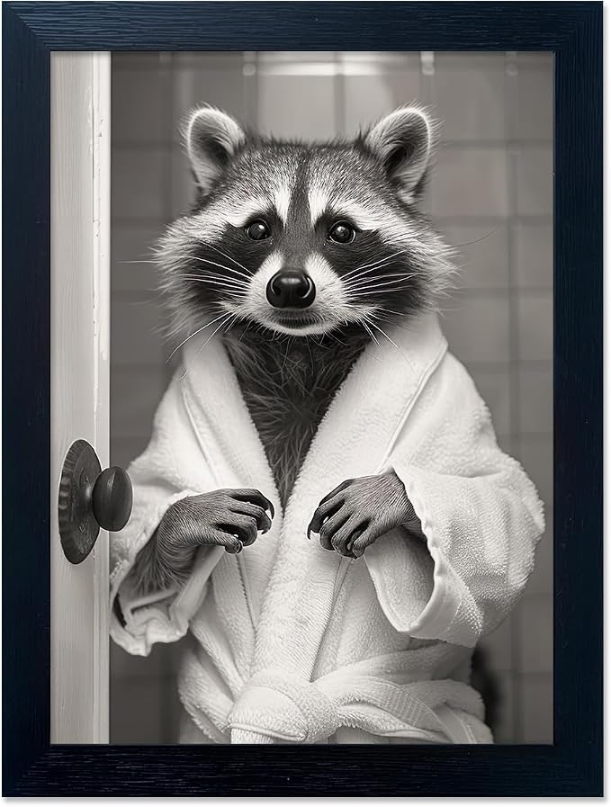 Black And White Raccoon Bathroom Decor Wall Art Funny Wall Decor Cute Animal Picture Canvas Art Framed Farmhouse Raccoon Bathrobe Painting Restroom Decoration