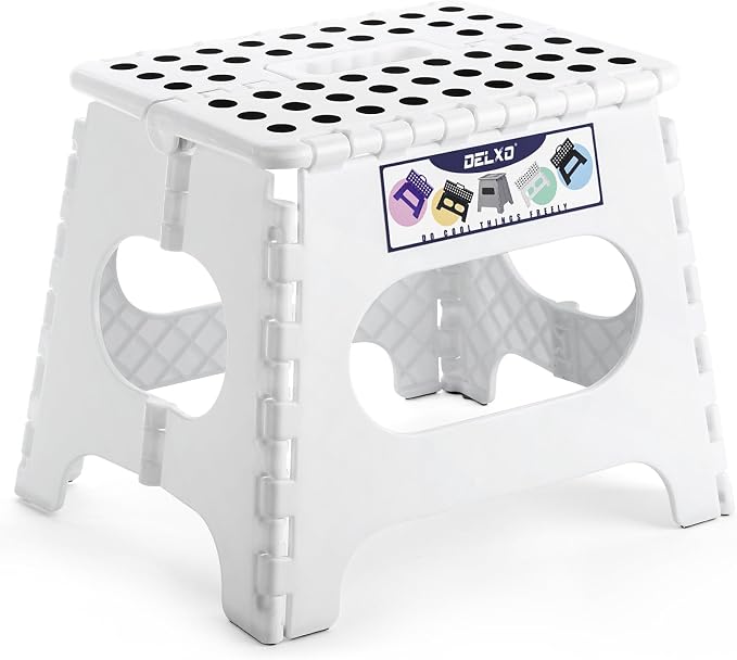 Delxo Folding Step Stool,11 Inch Non-Slip Foldable Step Stools for Kids and Adults,Portable Foldable Step Stool Lightweight Small Folding Stool with Handle for Kitchen Bathroom in White,1 Pack | Foldable Step Stool 11",Non-Slip Foot Stools with Handle,...