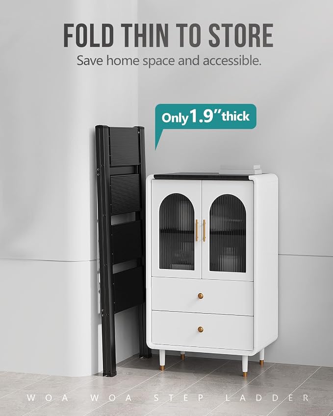 4 Step Foldable Step Stool, 300lbs Load, Black | Folded 43''H x 2''T; Net 9.9 lbs; Non-Slip Feet: Wood/Tile/Carpet; Rigid Aluminum Steps; No Assembly; Ready From Box.