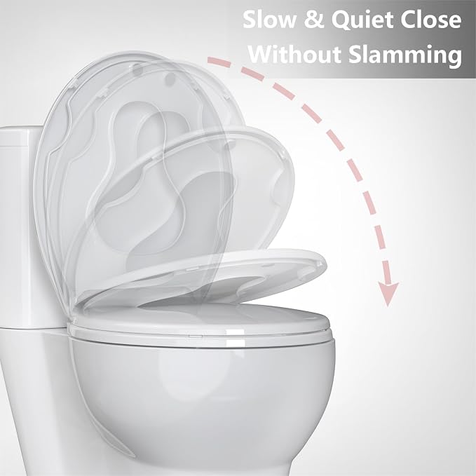17" Round Potty Training Toilet Seat, White Seat with Built-In Toddler Function, Stable No-Wiggle Design for Both Child and Adult, Easy Install with Detachable Seat