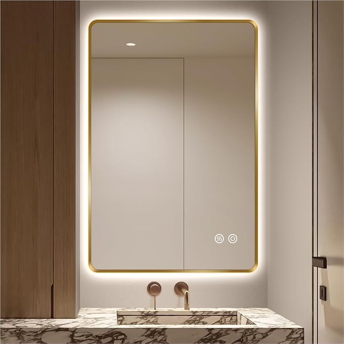 24" x 36" Gold LED Bathroom Mirror with Lights, HD Reflection | Lighted for Vanity, Anti-Fog, 3-Color Stepless Dimmable, Memory, Shatterproof, UL-Listed, Wall Backlit Mirror, Easy Mounting