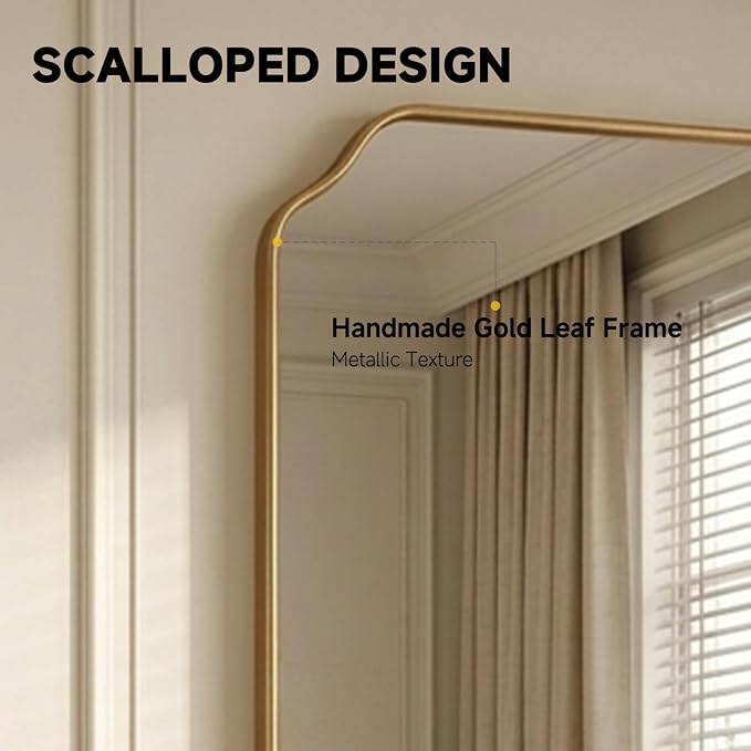 39"x29" Gold Wall Bathroom Mirror, Scalloped Edge Vanity Mirror | Hangs Vertically/Horizontally, Wooden Frame Decorative Mirror, For Vanity, Bedroom & Entryway, Aesthetic Bathroom Decor
