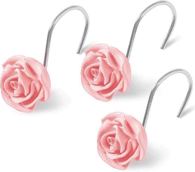 Cute Rose Floral Shower Curtain Hooks Rings for Bathroom,Pink 12PCS | Metal Rustproof Curtain Hooks Shower Rings,Girls Decorative Flower Bathroom Decor,for Bathroom Shower Rods
