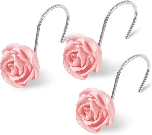 Cute Rose Floral Shower Curtain Hooks Rings for Bathroom,Pink 12PCS | Metal Rustproof Curtain Hooks Shower Rings,Girls Decorative Flower Bathroom Decor,for Bathroom Shower Rods