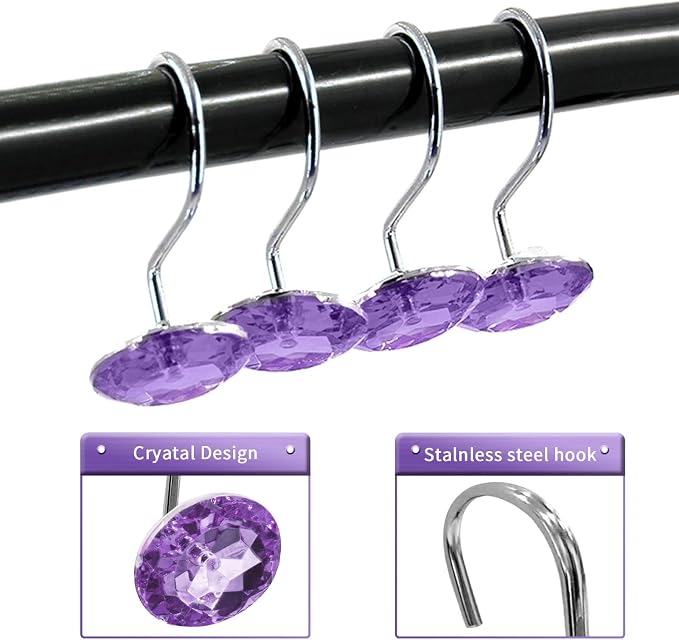 Crystal Diamond Round Shower Curtain Hooks Rings for Bathroom,Purple,12PCS | Acrylic Decorative Rhinestones Bling Shower Hooks Rings,for Bathroom Curtains Rod,Gem Metal Rust Proof Shower Hangers