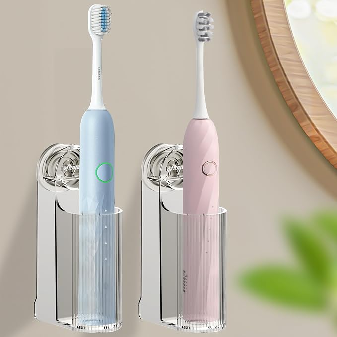 2 Pack Electric Toothbrush Holders for Bathroom, Wall Mounted Clear Electric Toothbrush Organizer, Self Adhesive Bathrooms Toothbrush Storage for Shower, Saving Space and Keep Drying (Grey)