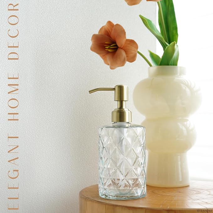 JASAI Diamond Design Glass Soap Dispenser with Golden Pump | Refillable Hand soap Dispenser for Kitchen, Soap Dispenser Bathroom for Soap, Hand soap, Dish Soap, Lotion.